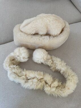 Cream Fur Hat with Pom-Pom Scarf Set